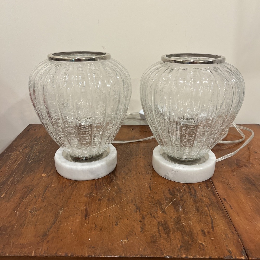 Pair Of Unusual Crackle Glass And Marble Hollywood Regency Lamps 9.5" Vintage